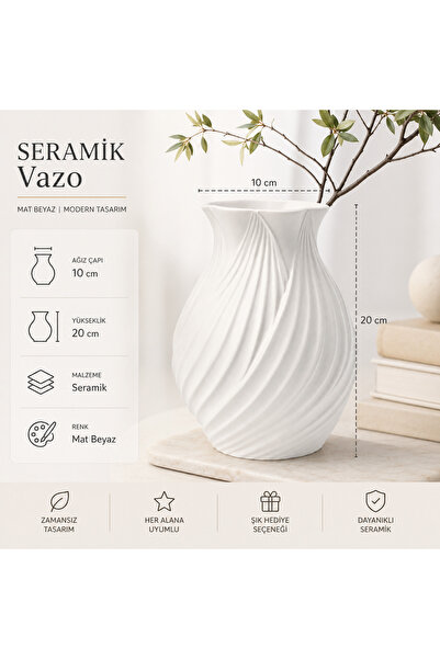 Lui Tasarım Vazo Ev Dekorasyon Sade Şık Modern Krem Rengi Seramik Yapay Çiçek Vazosu 20Cm LESLEY Krem Vazo
