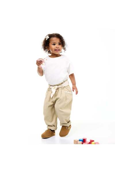 KIABI Twill Trousers with Tie Belt BEIGE