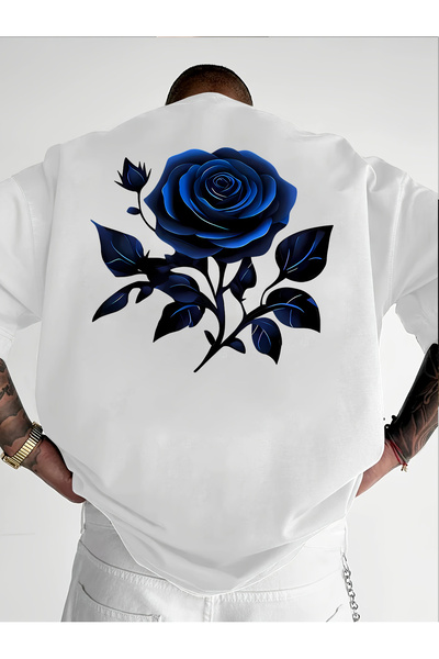 128 Men's Trendy Short Sleeve T-Shirt with Blue Rose Print for Casual Streetw...