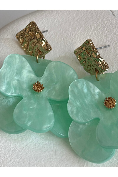 BHR AKSESUAR Gold Color Green Flower Earrings (6 cm)
