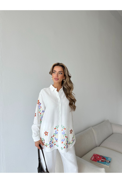 MİA NOURA Women's Oversize Shirt with Embroidered Front and Sleeves, Beaded Work