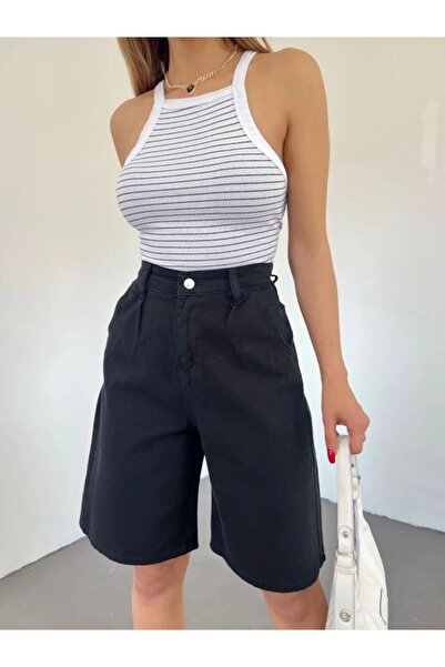 nido moda Kadın Yüksek Bel Geniş Paça Denim Şort