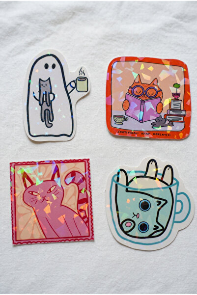 Plumie Hologramlı Laminasyonlu Cute Cat Sticker Seti 4’lü | Laptop, Defter, J...