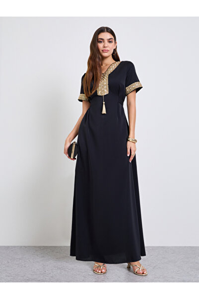 Take Two By Styli Black Embroidered A-Line Maxi Dress