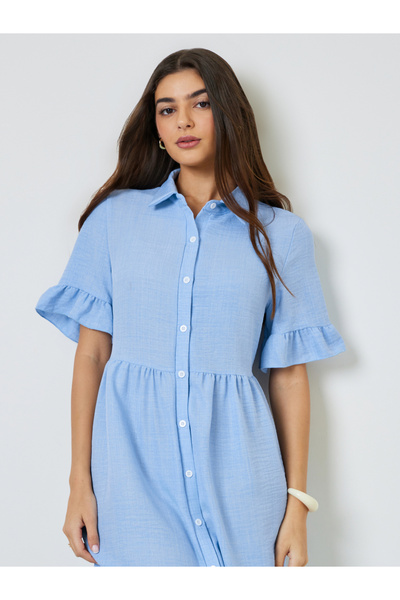 Take Two By Styli Blue Ruffle Sleeves Shirt Knee-Length Dress
