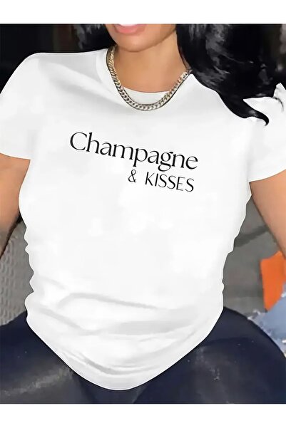 01THEONE تي شيرت نسائي بأكمام قصيرة، مطبوع عليه Champagne Kisses، مصنوع من قم...