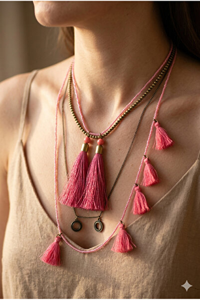 ZGNOVA Handmade Pink Tasseled 2-Row Special Design Necklace