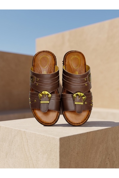 Chyfly Men Arabic Traditional Sandals Naal Gold Buckle PU Leather Ultra Massa...