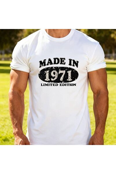01THEONE Muscular Man Flexing Muscles in Black Shirt with 'MADE IN 1971' Whit...