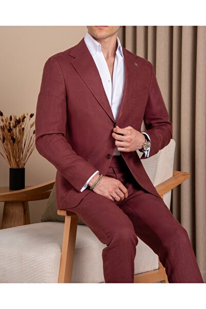 TerziAdemAltun Slim Fit Men's Mono Collar Bag Pocket Linen Fabric Jacket Pant...