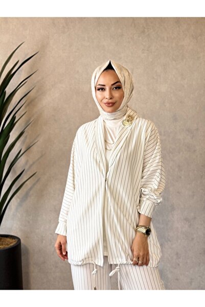 Nefise 250339 Striped Stylish Pants Jacket Set Ecru