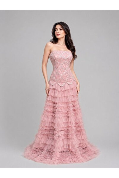 ranin Pink Evening Gown with Beaded Bodice and Double Layered Tulle Skirt.