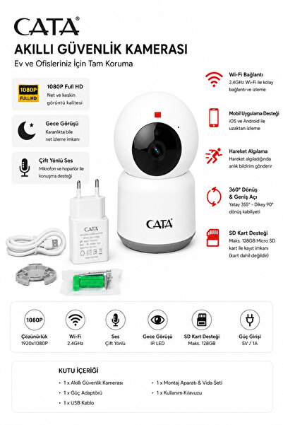 Cata Akıllı Güvenlik Kamerası 1080P Full HD Wi-Fi Gece Görüşlü Hareket Algıla...