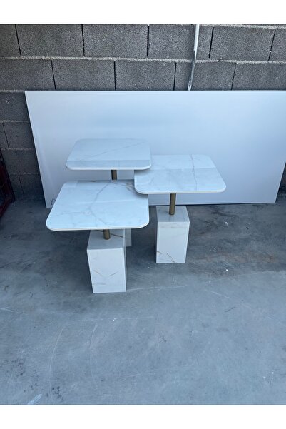Genel Markalar Modern 3’lü Porselen Zigon Sehpa-Gold Metal Detaylı
