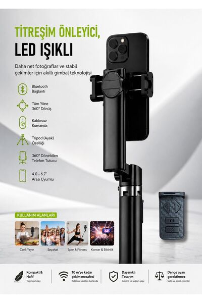 Asfal Akıllı Titreşim Dengeleyici Selfie Çubuğu ve Tripod 102 cm | Otomatik D...