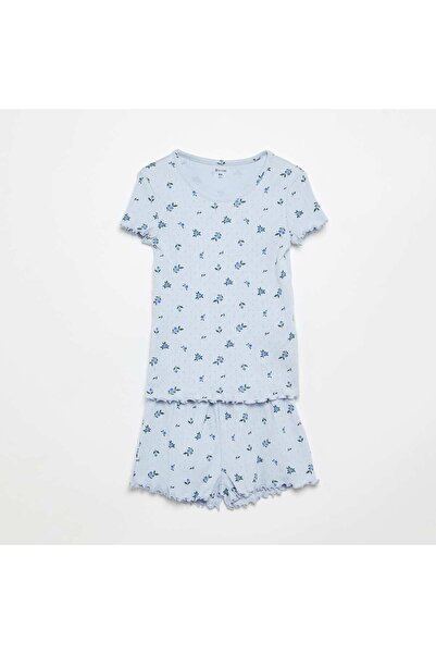 KIABI Pointelle Knit T-shirt and Shorts Pajama Set - 2 Pieces BLUE