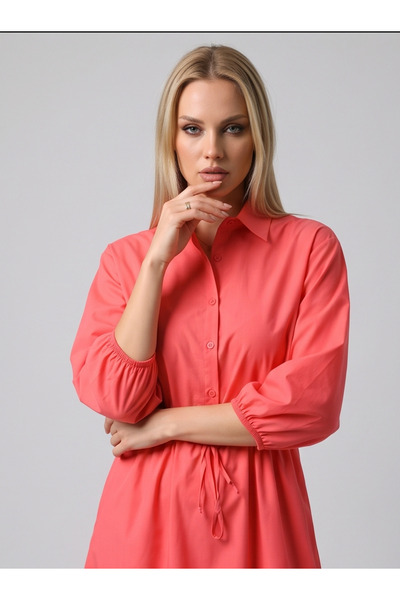 gökçesu Women's Shirt Collar Buttoned Waist Gathered Casual Fit Midi Dress