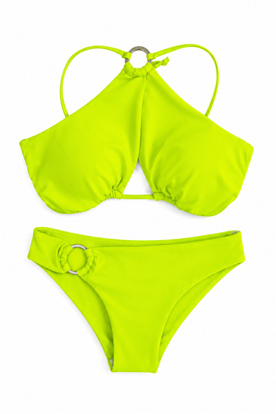XSTİL BUTİK Kadın Neon Sarı Halter Yaka Bikini Takımı – Metal Halka Detaylı 2'li