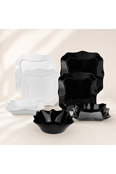 HERA Lacy table Top Bottom Set , opal glass, black and white, 6 people, 19 pi...