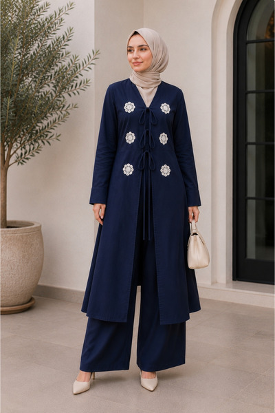 Libas lab - Navy Blossom Tie Front Modest Co-ord Set