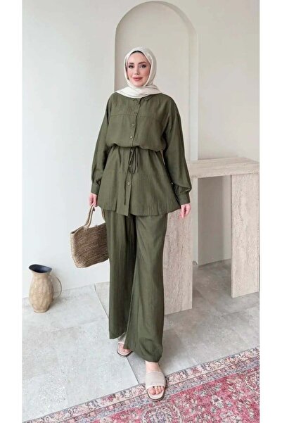 Miraydın Butik طقم بنطلون وتونيك نسائي بحزام خصر M6034 - كاكي