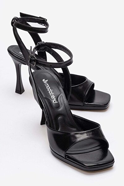 CCWAY AYAKKABI Women's Wide Heel Painted Heeled Sandals Black Metallic