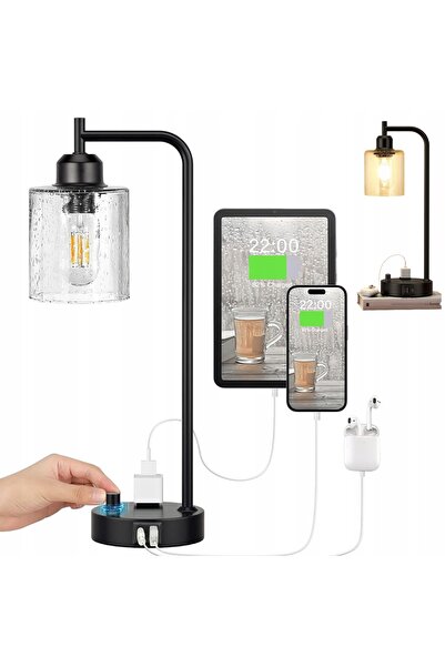 bedee LAMPĂ DE NOAPTE MODERNĂ DE MASĂ E27 CU ÎNCĂRCĂTOR USB + BULBACI, NEGRU