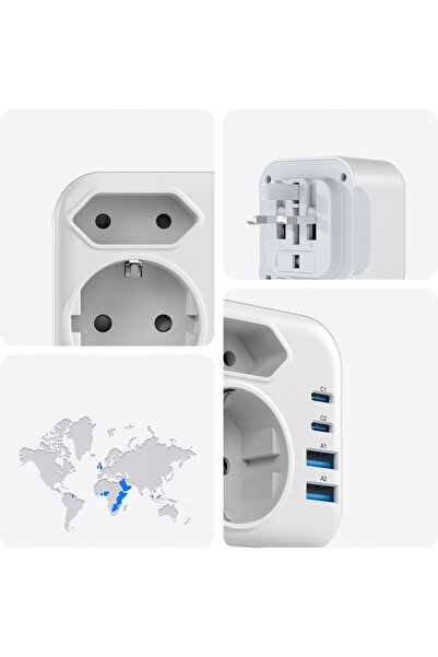 VOOMY Adaptor de călătorie 6 în 1 - UK (Tip G) - 2 EU, 2 USB-C, 2 USB-A - Alb