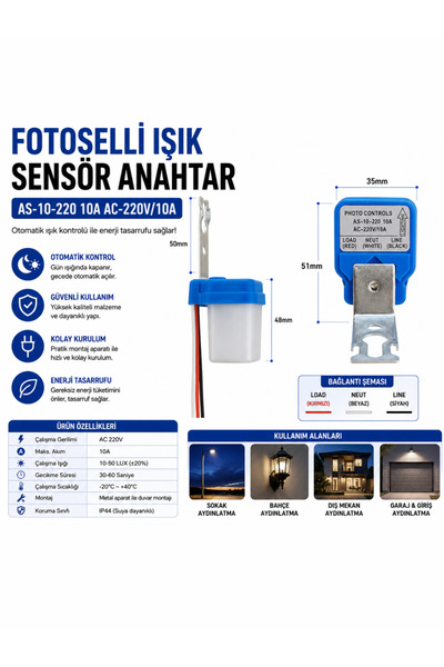 RoboPazar 12V DC-AC Fotosel Otomatik Işık Sensörü - Gece Sensörü