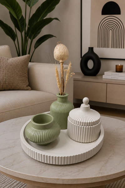Zigzag Home Set de vaze decorative în stil boem, 4 piese, tavă cu dungi, cuti...