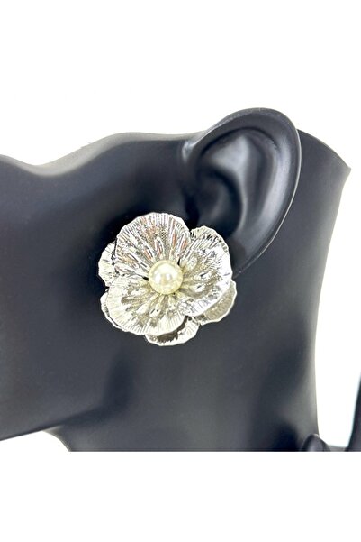 velve Cercei dama, aspect floral cu perla, Argintiu