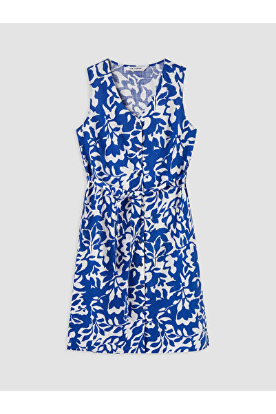 LC Waikiki Lcw Everyday Navy Blue V-Neck Floral Belted Dress