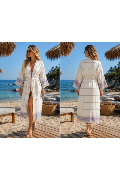 Genel Markalar Jakarlı Müslin Kimono 125 cm Püskül Detaylı Yazlık Kimono Ekru...