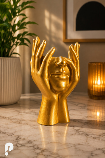PrintiBy Modern Gold Yüz Vazo | Dekoratif Gold Çiçeklik, Soyut El Tasarımlı S...