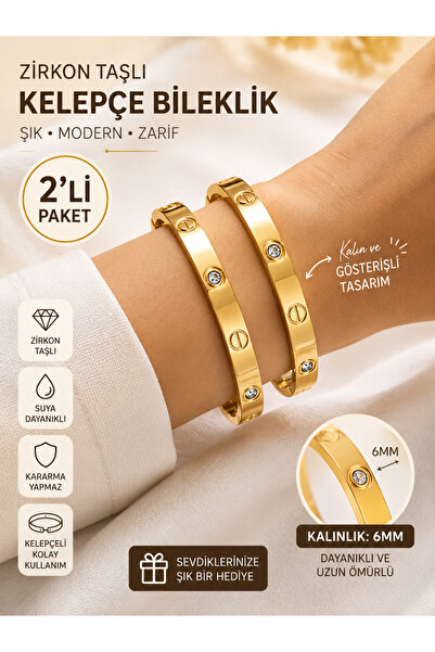Erka 2'li Zirkon Taşlı Kelepçe Bileklik Gold Renk Paslanmaz Çelik Kalın Model...
