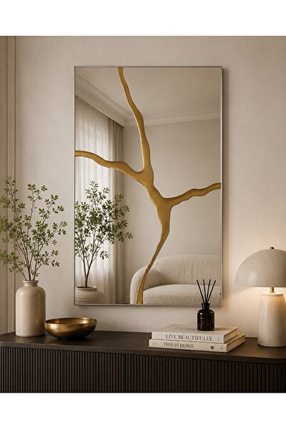 N.zone Luxury Rectangular Decorative Mirror with Modern Artistic Gold Lines -...