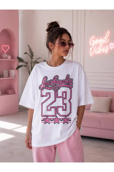 Vanteon تي شيرت نسائي أبيض كبير الحجم مطبوع من لوس أنجلوس 23