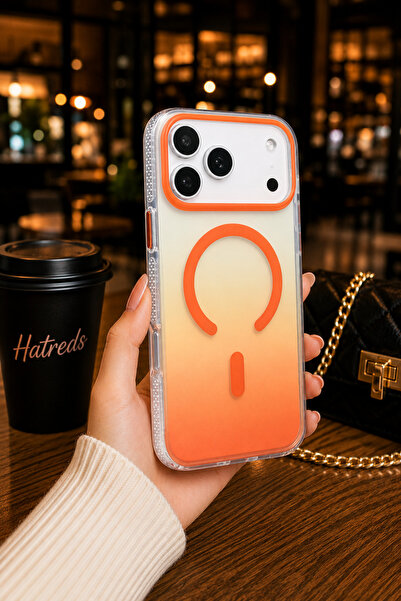 Hatreds iPhone 17 Pro Max Uyumlu MagSafe Transparan Renk Geçişli Kılıf Turuncu