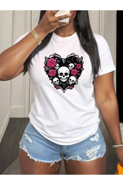 En22 cotton Short Sleeve T-Shirt with Skull Rose Heart Design, Comfortable Ca...