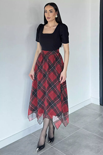 Aryena Black-Red Women's Square Neck Skirt Chiffon Short Sleeve Dress