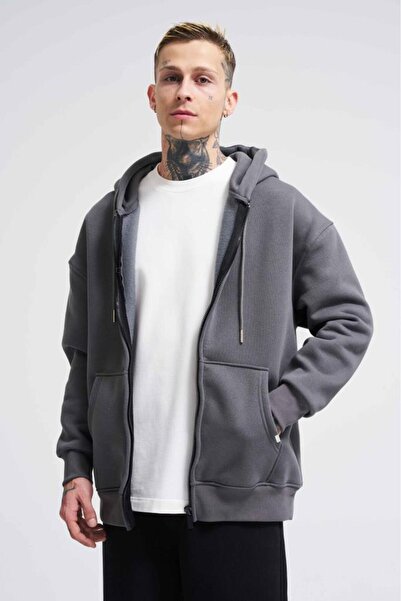 Machinist Men's Oversize Zippered Pocket Hooded Basic Sweatshirt Anthracite