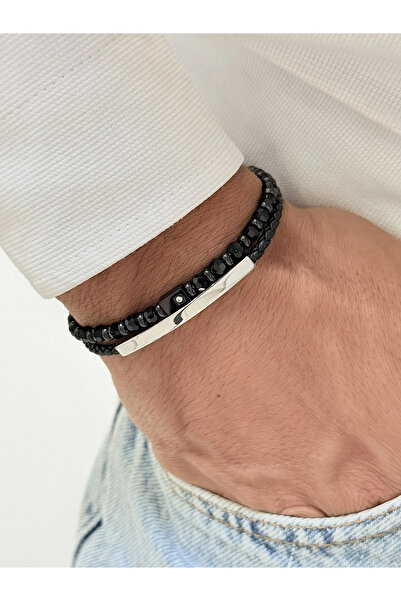 FERRO Silver and Black Leather Steel Men's Bracelet Frj10214B-J 2 Year Warran...