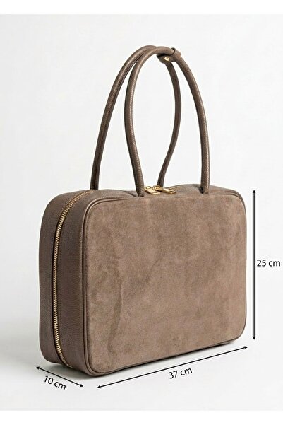 OEM Geantă damă din piele naturală întoarsă (Suede) Taupe – Mare, Fabricată î...