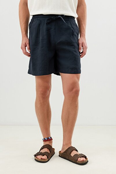 Antioch Navy Blue Lyocell Blend Pleated Shorts