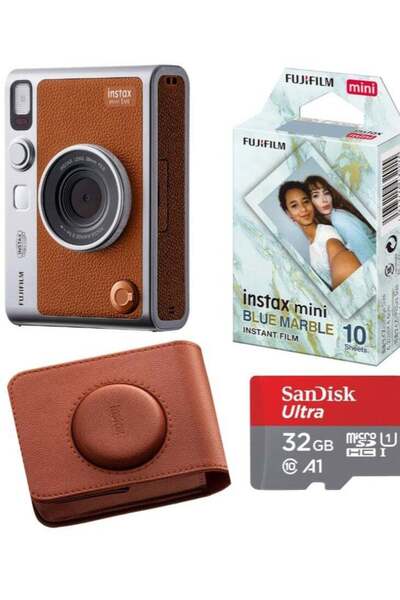 Instax EVO Brown Instant Camera Bundle with Brown Case, 32GB SD Card & Mini B...