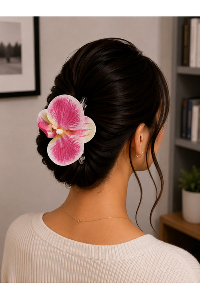 Bymiel Women's Orchid Flower Detailed Latch Buckle Large Size Hair Clip