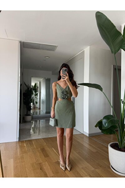 MERVE AKSOY Gül Detaylı Askılı Elbise- Mint