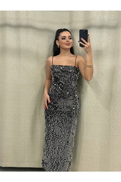 Sunshine Butik Gümüş Siyah Pullu Payetli Elbise