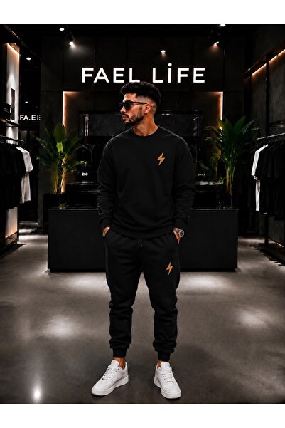 FAEL LİFE Unisex Wide Cut Zero Neck and Sweatpants Set with Lightning Print