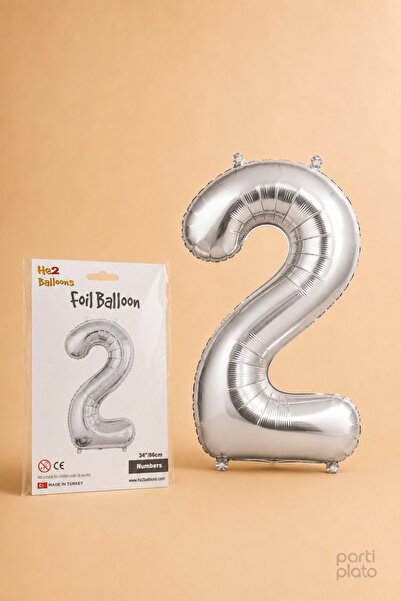 He2 Balloons Silver Folyo Balon 2 Rakamı 86 cm, Helyum Uyumlu Gümüş Renk 2 Ya...